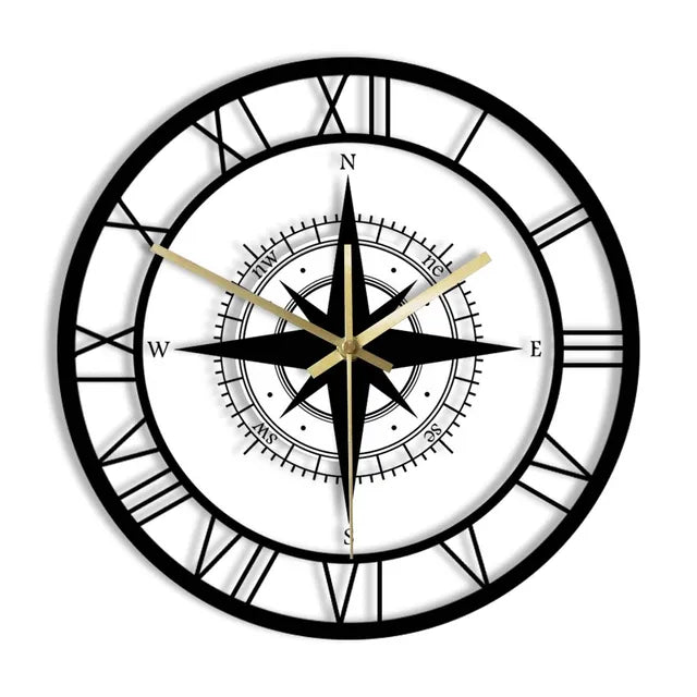 Modern Metal Wall Clock with Compass Design Black Roman Numerals for Home Office Decor — Image 4