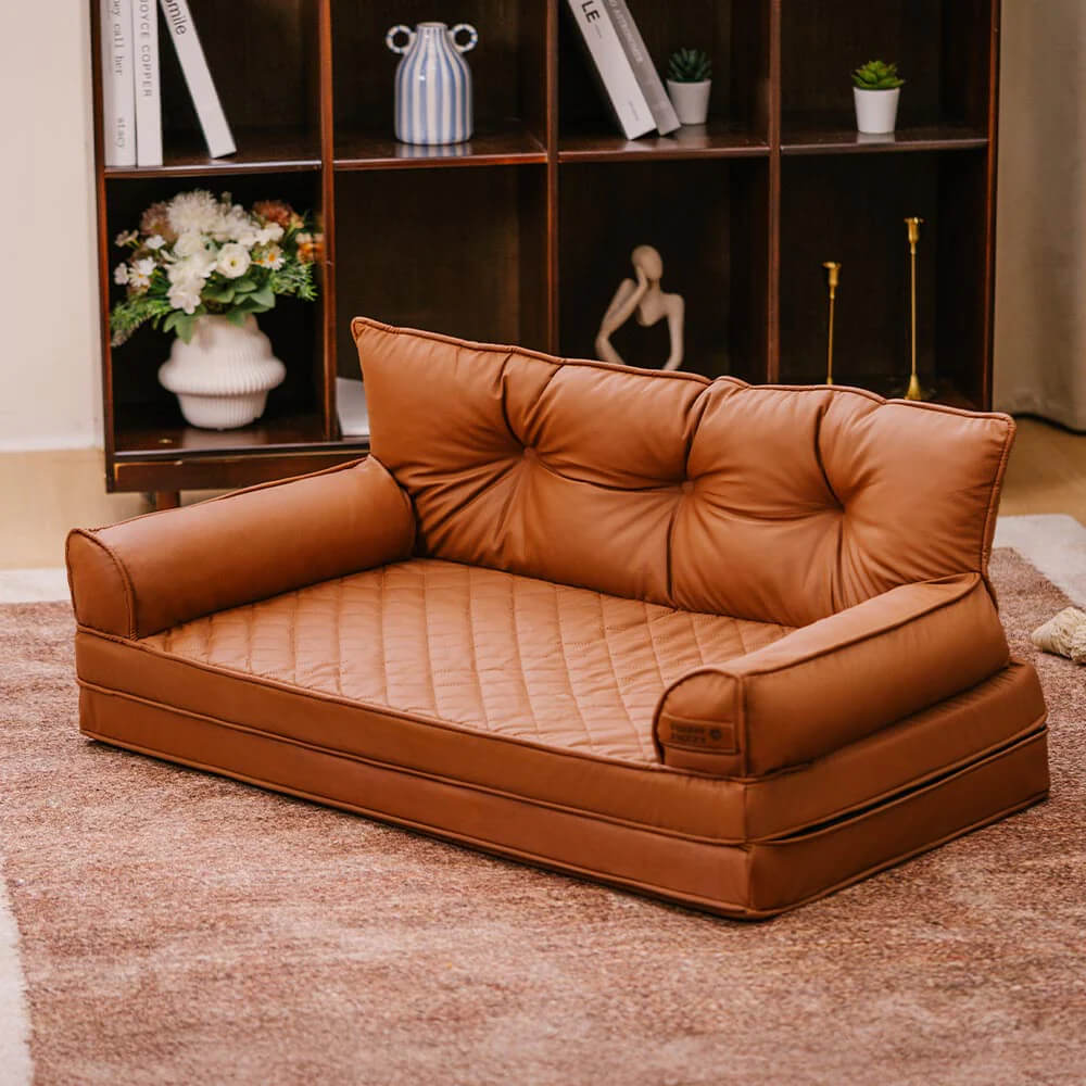 Funny Fuzzy Orthopedic Dog Sofa Bed Beige Faux Leather Large — Image 9