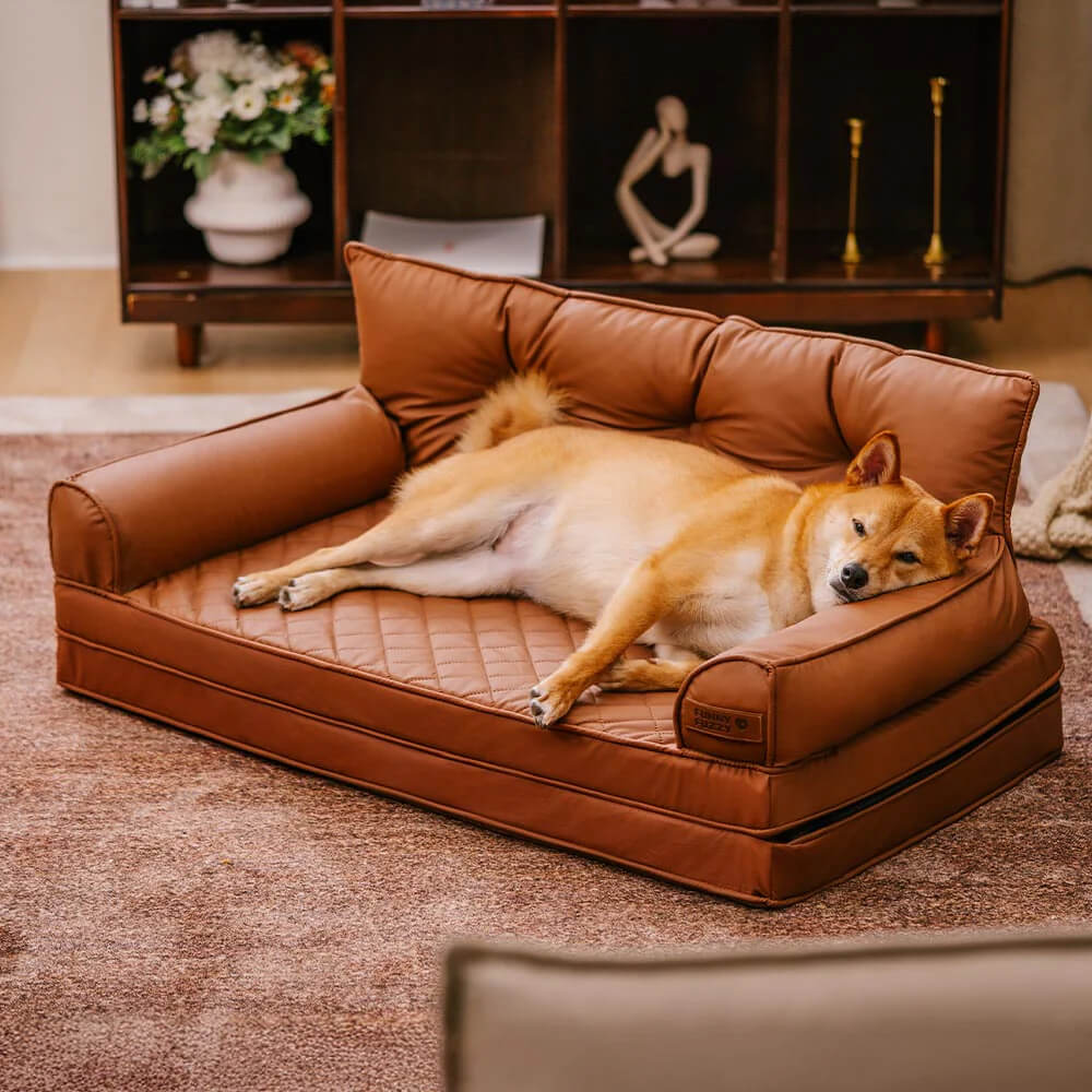 Funny Fuzzy Orthopedic Dog Sofa Bed Beige Faux Leather Large — Image 8