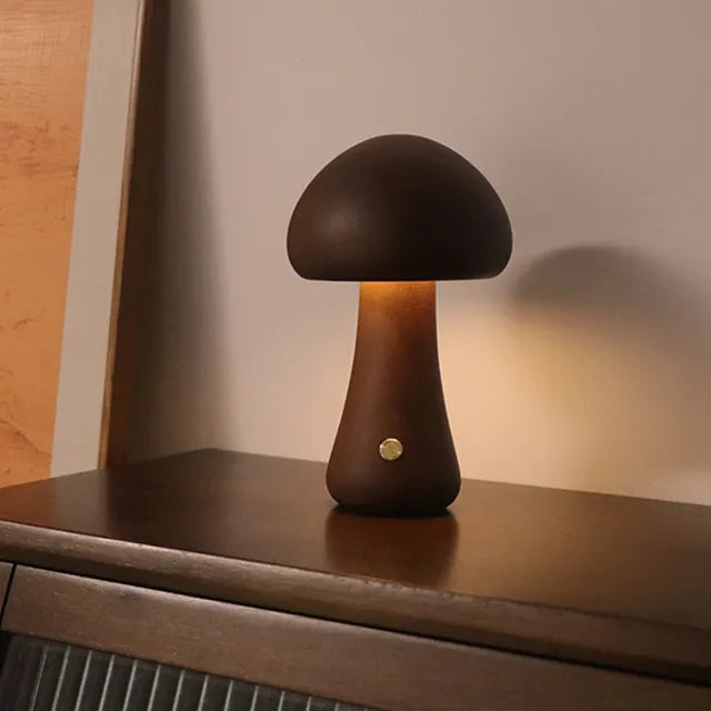 Wooden Mushroom Table Lamp LED Night Light Modern Minimalist Design Brown — Main Image