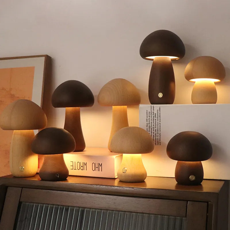 Wooden Mushroom Table Lamp LED Night Light Modern Minimalist Design Brown — Image 2