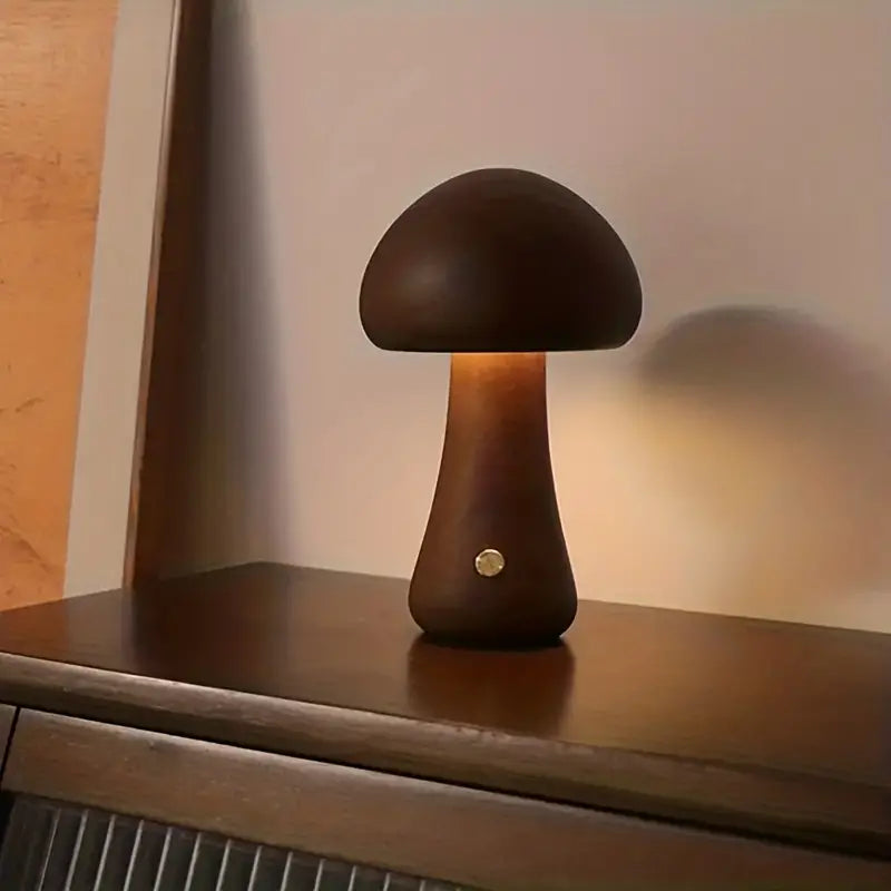 Wooden Mushroom Table Lamp LED Night Light Modern Minimalist Design Brown — Image 6