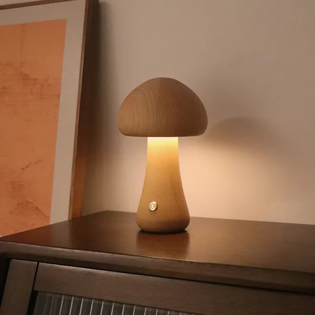 Wooden Mushroom Table Lamp LED Night Light Modern Minimalist Design Brown — Image 8