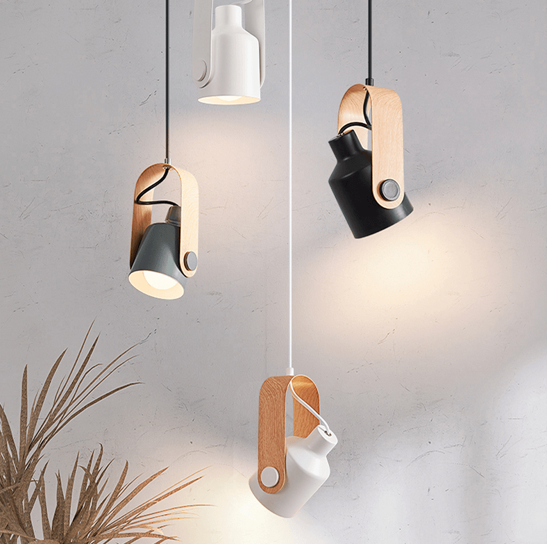 Modern Adjustable Pendant Light Metal Wood Hanging Lamp Black White — Main Image