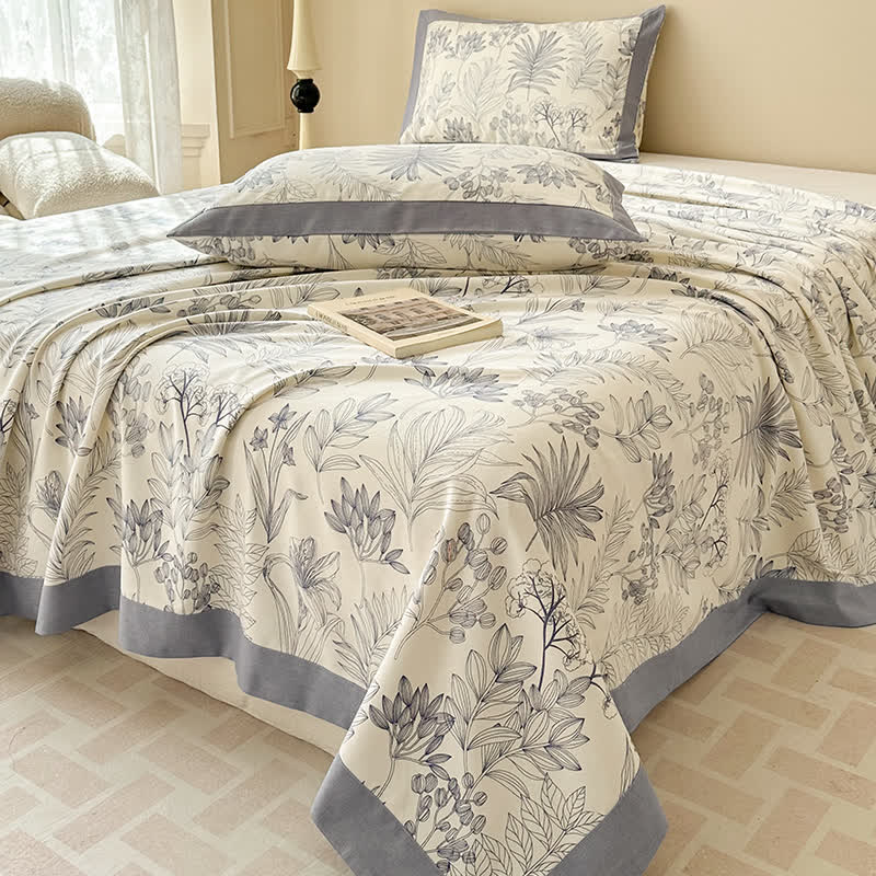 Luxury Floral Cotton Bedspread Set Queen Size Beige Blue Botanical Design — Main Image