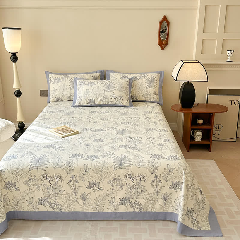 Luxury Floral Cotton Bedspread Set Queen Size Beige Blue Botanical Design — Image 3
