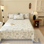 Luxury Floral Cotton Bedspread Set Queen Size Beige Blue Botanical Design — Image 3
