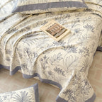 Luxury Floral Cotton Bedspread Set Queen Size Beige Blue Botanical Design — Image 5