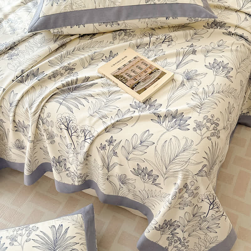 Luxury Floral Cotton Bedspread Set Queen Size Beige Blue Botanical Design — Image 5
