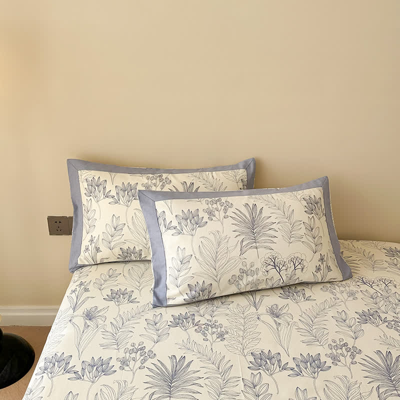 Luxury Floral Cotton Bedspread Set Queen Size Beige Blue Botanical Design — Image 7