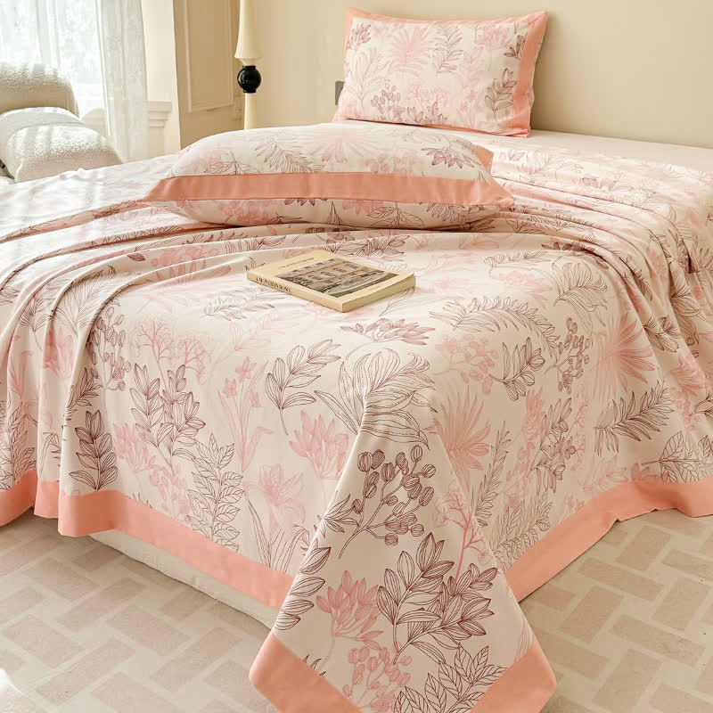 Luxury Floral Cotton Bedspread Set Queen Size Beige Blue Botanical Design — Image 9