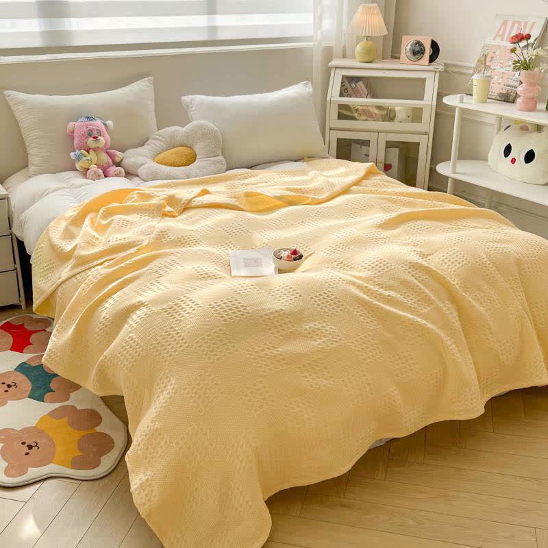 Soft Waffle Weave Cotton Blanket - Yellow, Pink, Blue - Cozy Bedspread — Main Image
