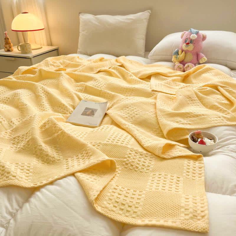 Soft Waffle Weave Cotton Blanket - Yellow, Pink, Blue - Cozy Bedspread — Image 2