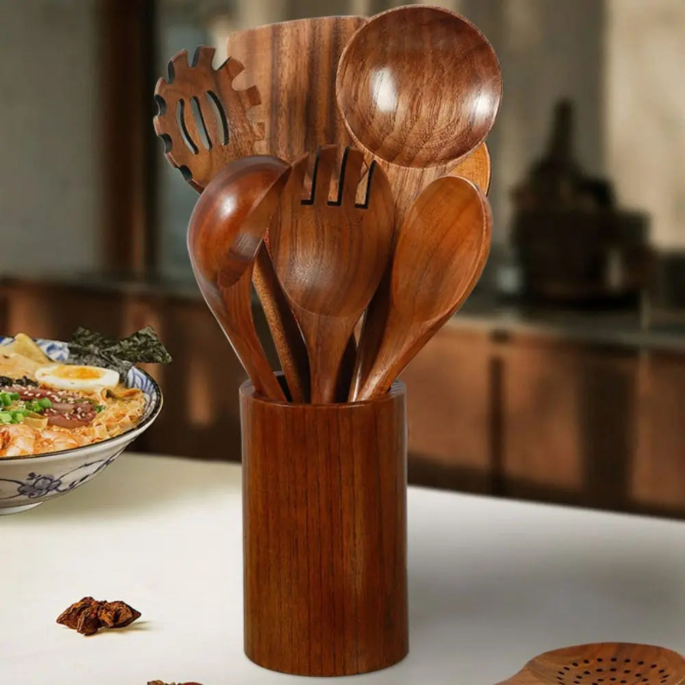 Premium Wooden Kitchen Utensil Set 6-Piece Acacia Wood Cooking Tools with Holder — Image 2
