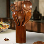 Premium Wooden Kitchen Utensil Set with Holder 7-Piece Natural Acacia Wood Cooking Tools — Image 2