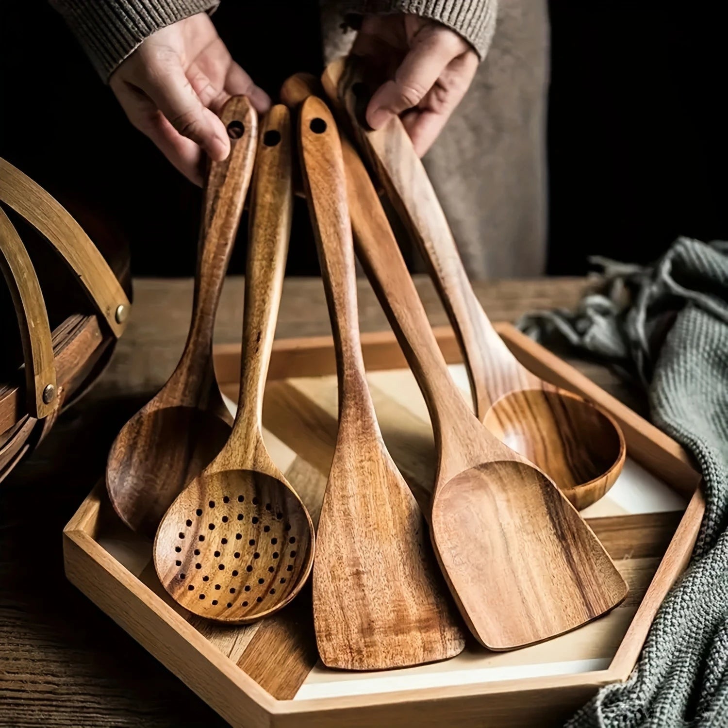 Premium Wooden Kitchen Utensil Set 6 Pieces Acacia Wood Cooking Tools — Image 3