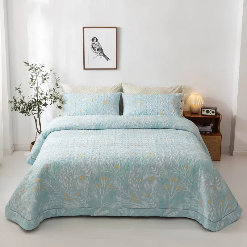 Floral Quilted Bedspread Set Cotton Green Botanical Pattern King Size — Image 14