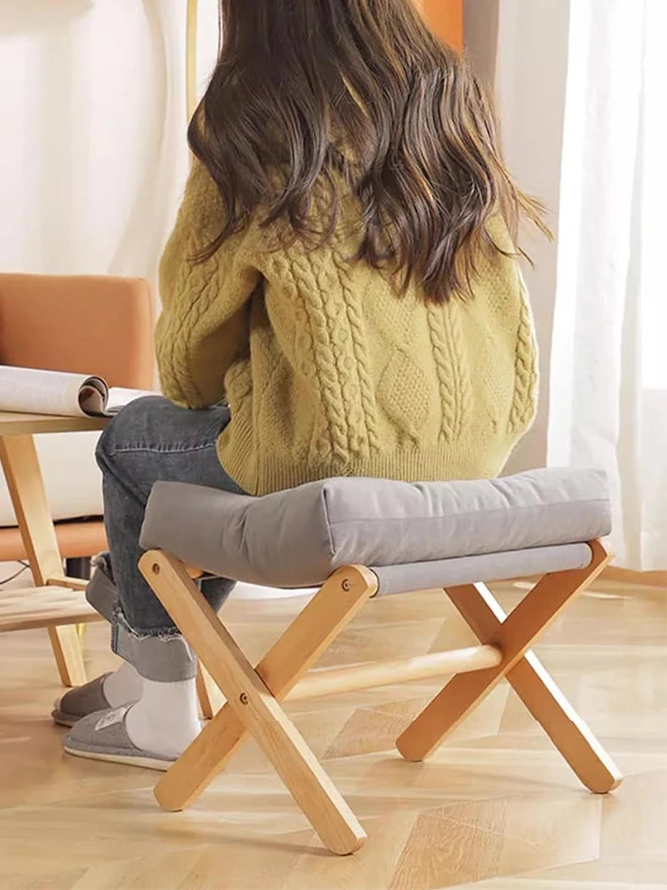Foldable Wooden Footrest Stool with Grey Linen Cushion, 45x33x40cm — Image 3
