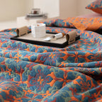 Elegant Floral Cotton Bedspread Set Orange Blue Queen Size Reversible Quilt — Image 4