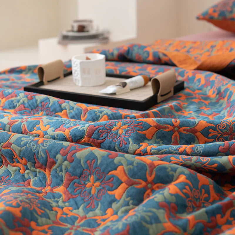 Elegant Floral Cotton Bedspread Set Orange Blue Queen Size Reversible Quilt — Image 4