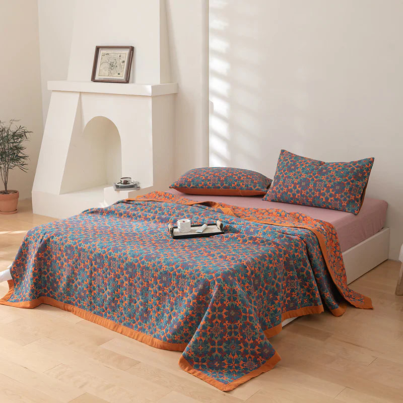 Elegant Floral Cotton Bedspread Set Orange Blue Queen Size Reversible Quilt — Image 11