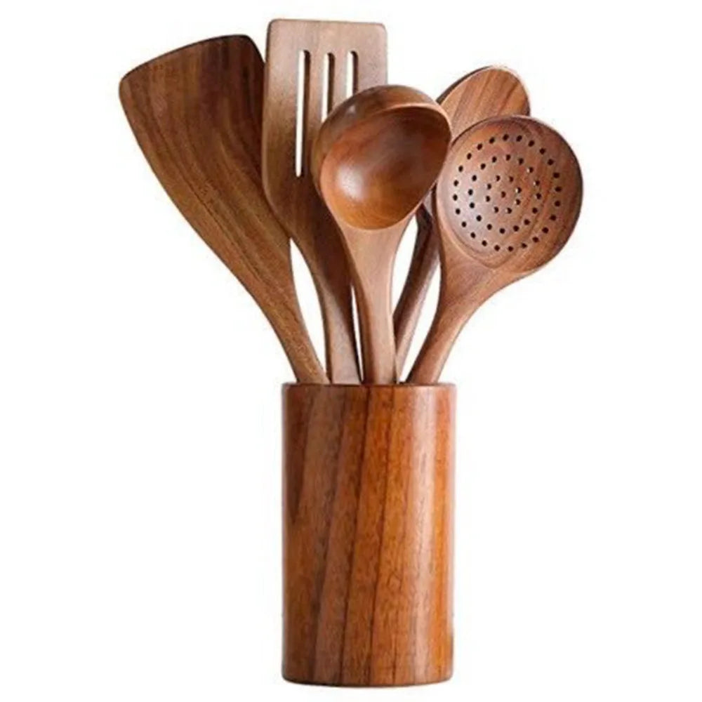Premium Wooden Kitchen Utensil Set with Holder 7-Piece Natural Acacia Wood Cooking Tools — Main Image