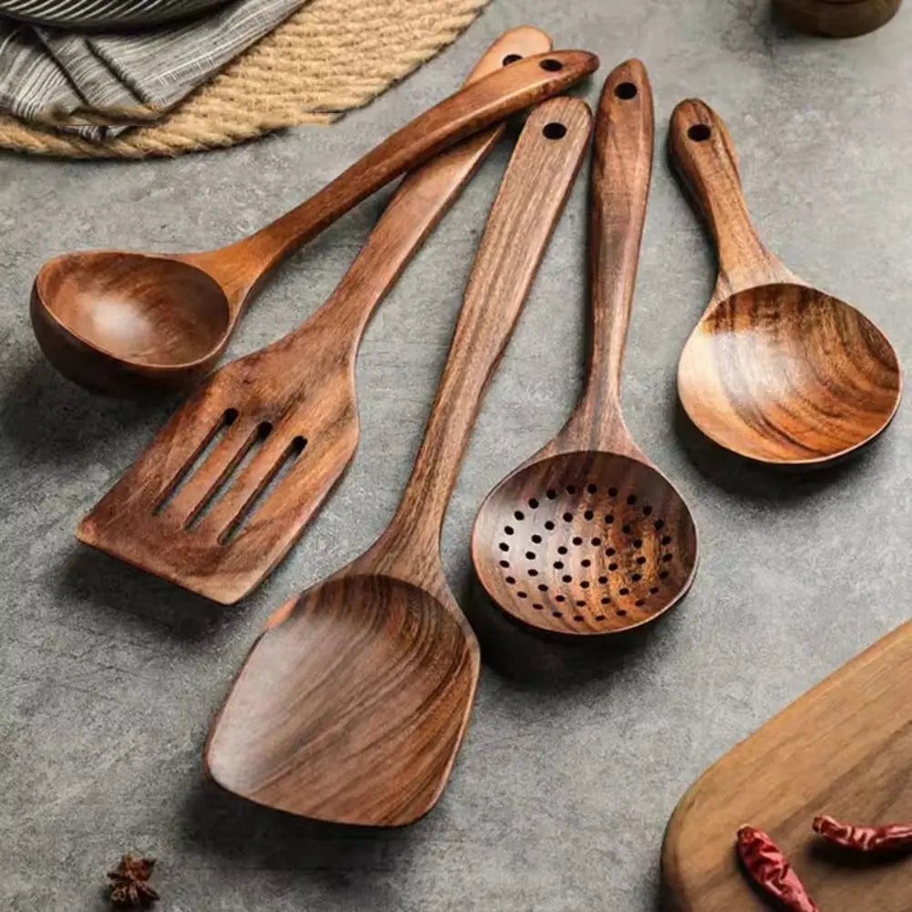 Premium Wooden Kitchen Utensil Set with Holder 7-Piece Natural Acacia Wood Cooking Tools — Image 4