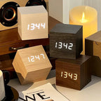 Wooden LED Digital Alarm Clock Cube Design with Temperature Display and Sound Control — Image 3