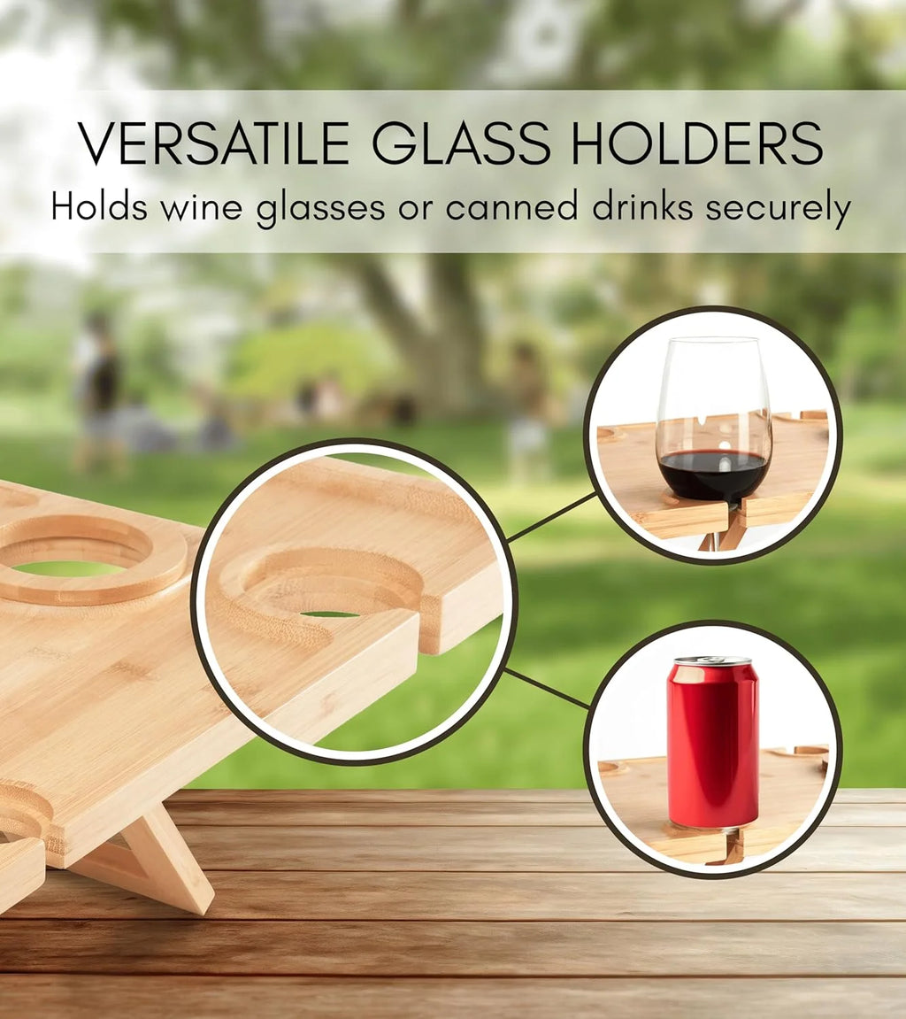 Bamboo Wine and Cheese Picnic Table with Glass Holders Portable Folding Design — Image 2