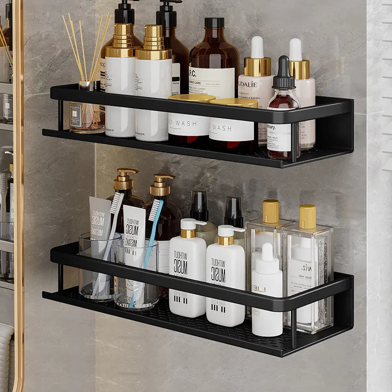 Modern Wall-Mounted Bathroom Shelf Organizer Black Metal 2-Tier Storage Rack — Image 2