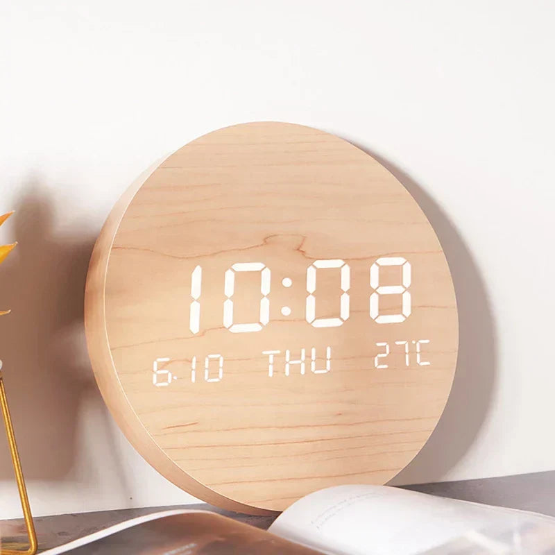 Modern Wooden LED Wall Clock Round Digital Display with Temperature Date Function — Image 2
