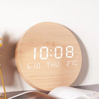 Modern Wooden LED Wall Clock Round Digital Display with Temperature Date Function — Image 2