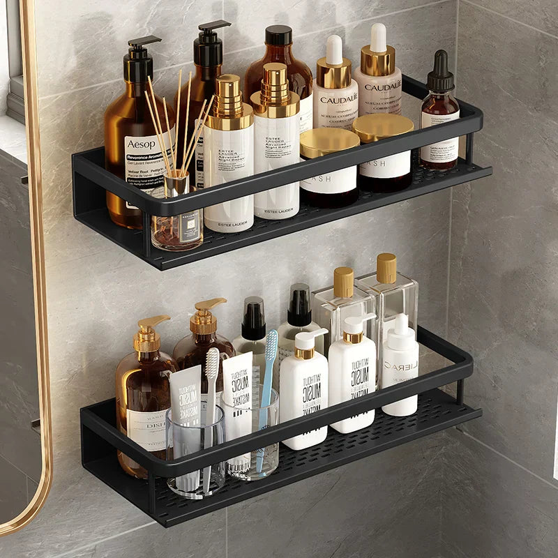 Modern Wall-Mounted Bathroom Shelf Organizer Black Metal 2-Tier Storage Rack — Image 3