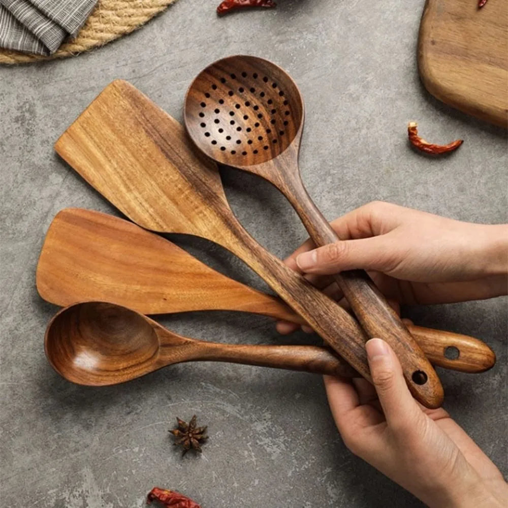Premium Wooden Kitchen Utensil Set 6-Piece Acacia Wood Cooking Tools with Holder — Image 3