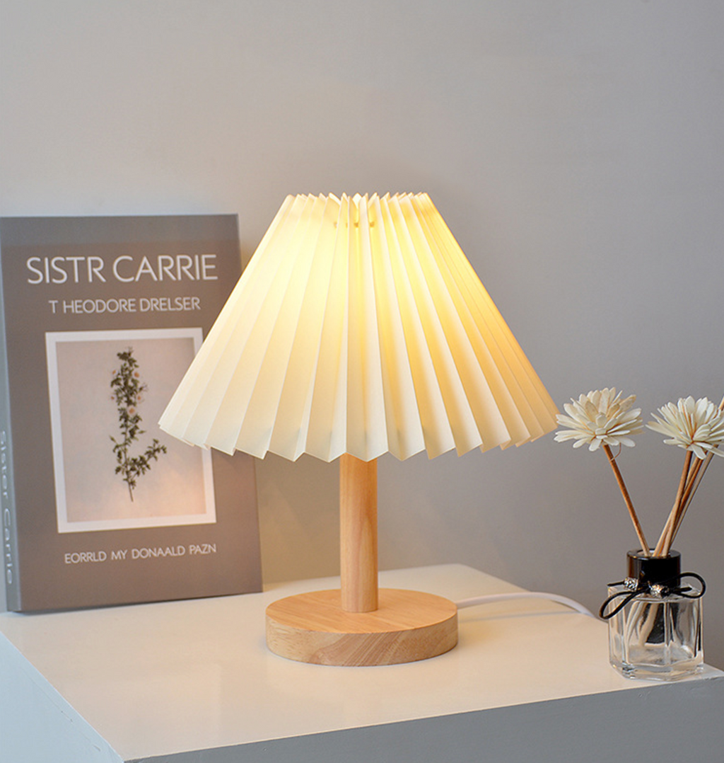 Elegant Wooden Table Lamp with Pleated Shade - Beige & White, Solid Wood, 27cm/32cm — Image 8