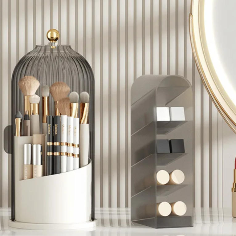 Luxury Makeup Brush Holder Rotating Cover Glass Acrylic Organizer Gold Accent — Image 2