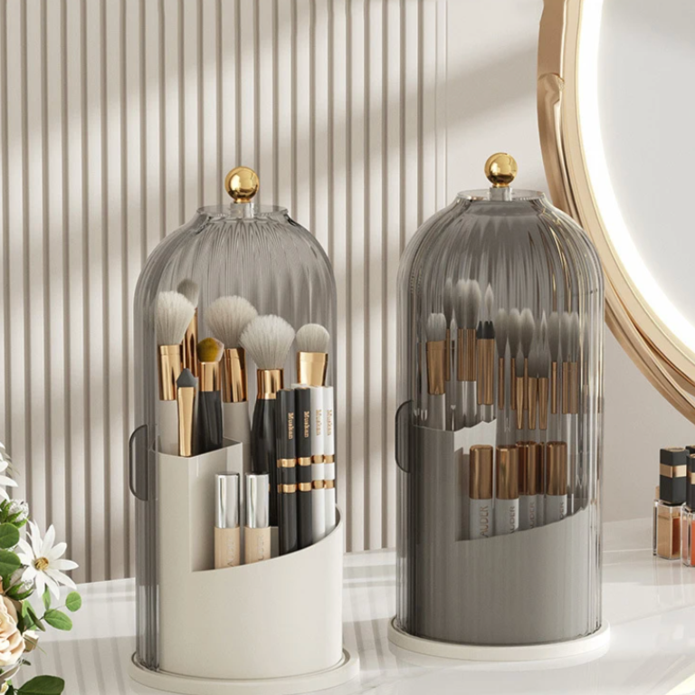 Luxury Makeup Brush Holder Rotating Cover Glass Acrylic Organizer Gold Accent — Image 6