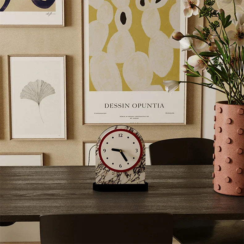 Voyage Modern Arch Table Clock Red Wood Marble Stylish Home Decor Office Desk — Image 4