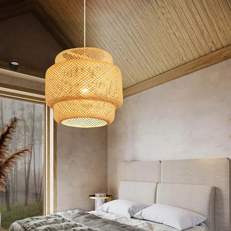 Elegant Bamboo Pendant Light - Natural Woven Design, Adjustable Height, 30cm Diameter — Main Image