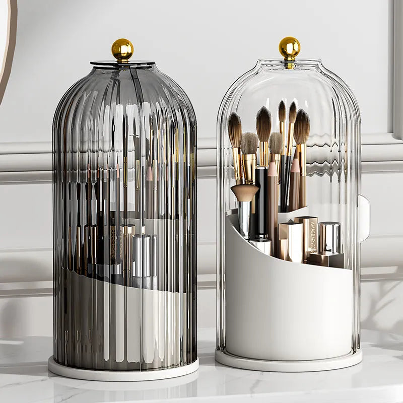 Luxury Makeup Brush Holder Rotating Cover Glass Acrylic Organizer Gold Accent — Main Image