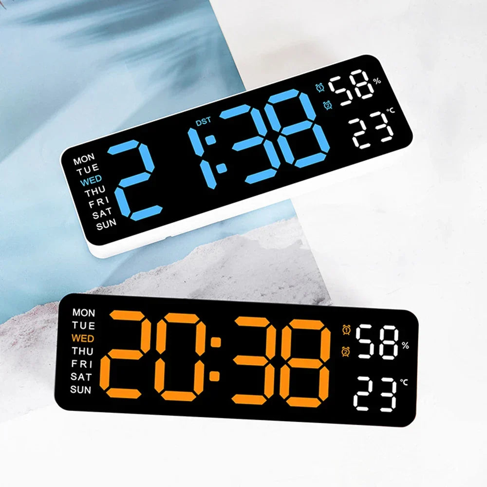 Digital Wall Clock LED Display with Temperature Humidity Dual Alarm Adjustable Brightness Modern Home Decor — Image 4