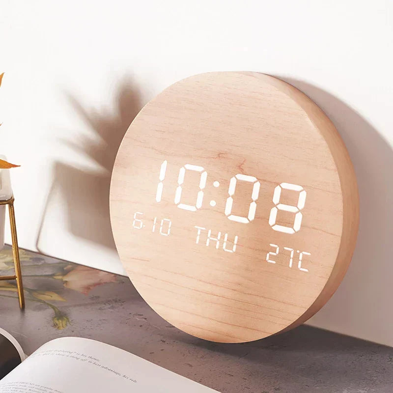 Modern Wooden LED Wall Clock Round Digital Display with Temperature Date Function — Main Image