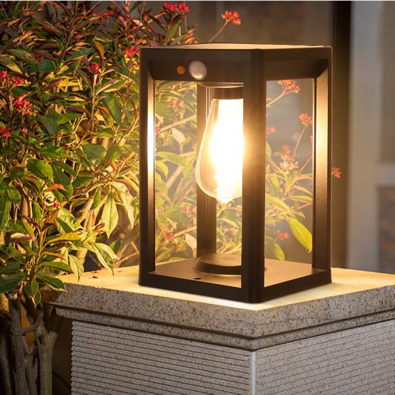 Solar LED Outdoor Lantern Black Metal Motion Sensor Waterproof 26cm Garden Light — Main Image