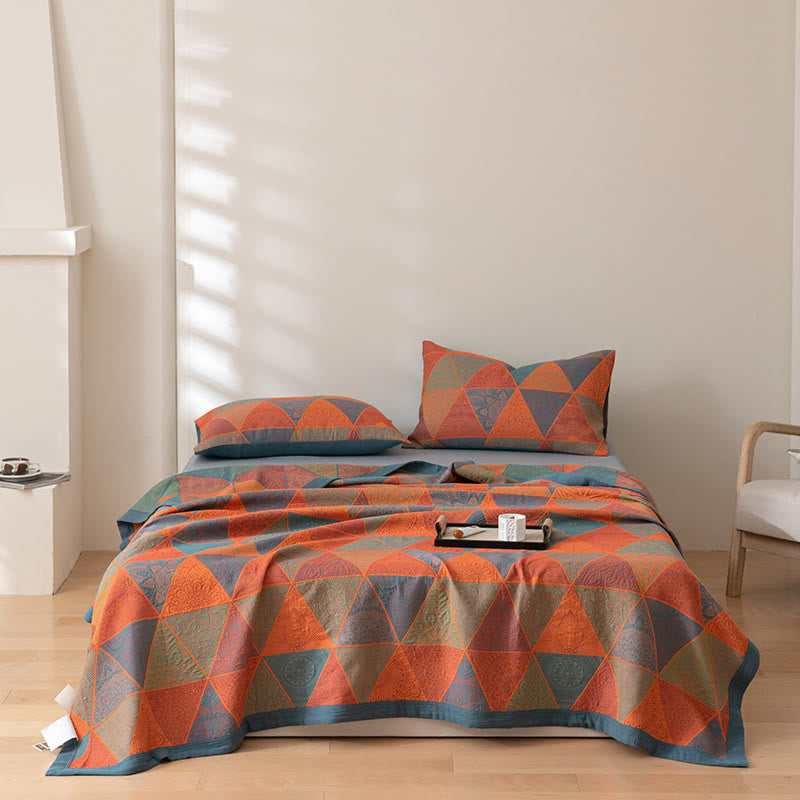 Luxury Cotton Quilt Set Geometric Pattern Orange Blue King Size Soft Breathable Bedding with Pillow Shams — Main Image