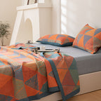 Luxury Cotton Quilt Set Geometric Pattern Orange Blue King Size Soft Breathable Bedding with Pillow Shams — Image 2