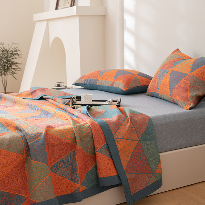 Luxury Cotton Quilt Set Geometric Pattern Orange Blue King Size Soft Breathable Bedding with Pillow Shams — Image 2