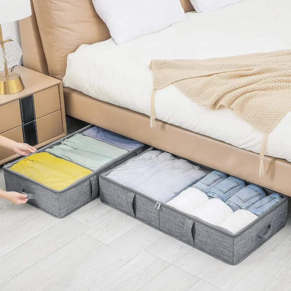 Underbed Storage Organizer Grey Fabric Foldable Box with Lid for Clothes and Blankets — Main Image