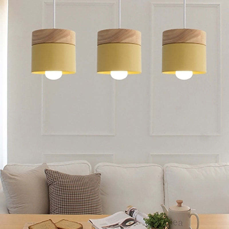 Scandinavian Pendant Light Wood Metal Cylinder Ceiling Fixture Multi-Color — Image 2