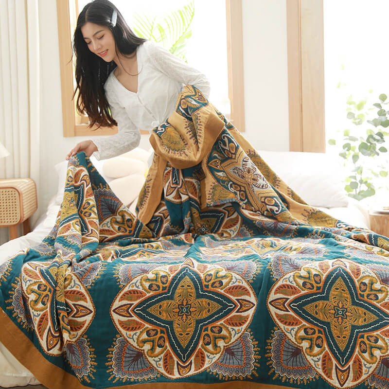 Bohemian Mandala Pattern Cotton Bedspread King Size Teal Yellow Reversible Quilt — Image 8