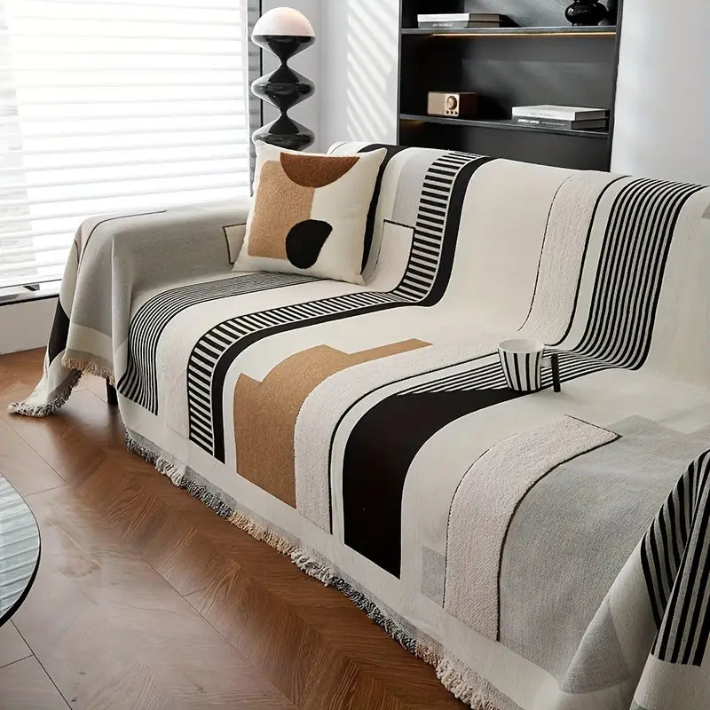 Modern Geometric Cotton Sofa Throw Blanket Black White Orange Striped Decorative Living Room Cover — Image 2
